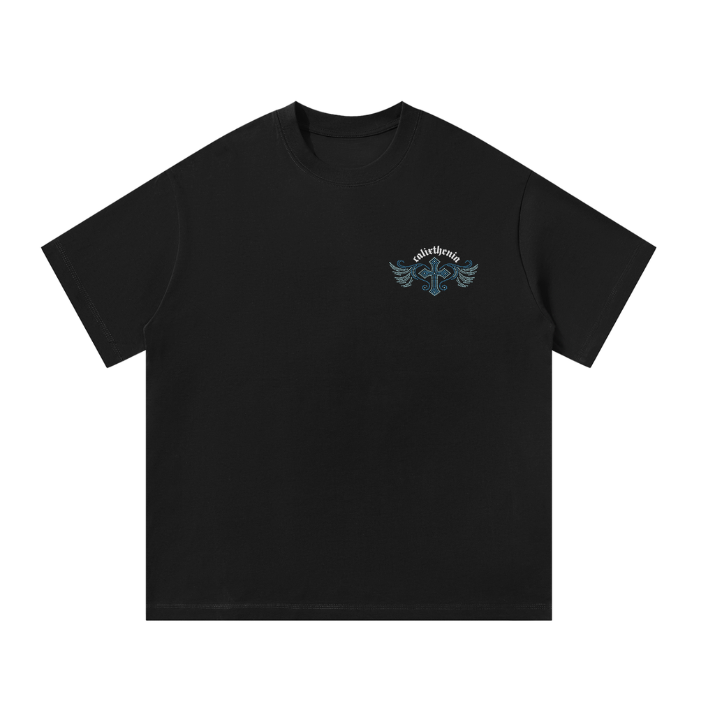 Relic Tee – Black calisthenics graphic t-shirt with gothic Calixthenia emblem, street workout wear