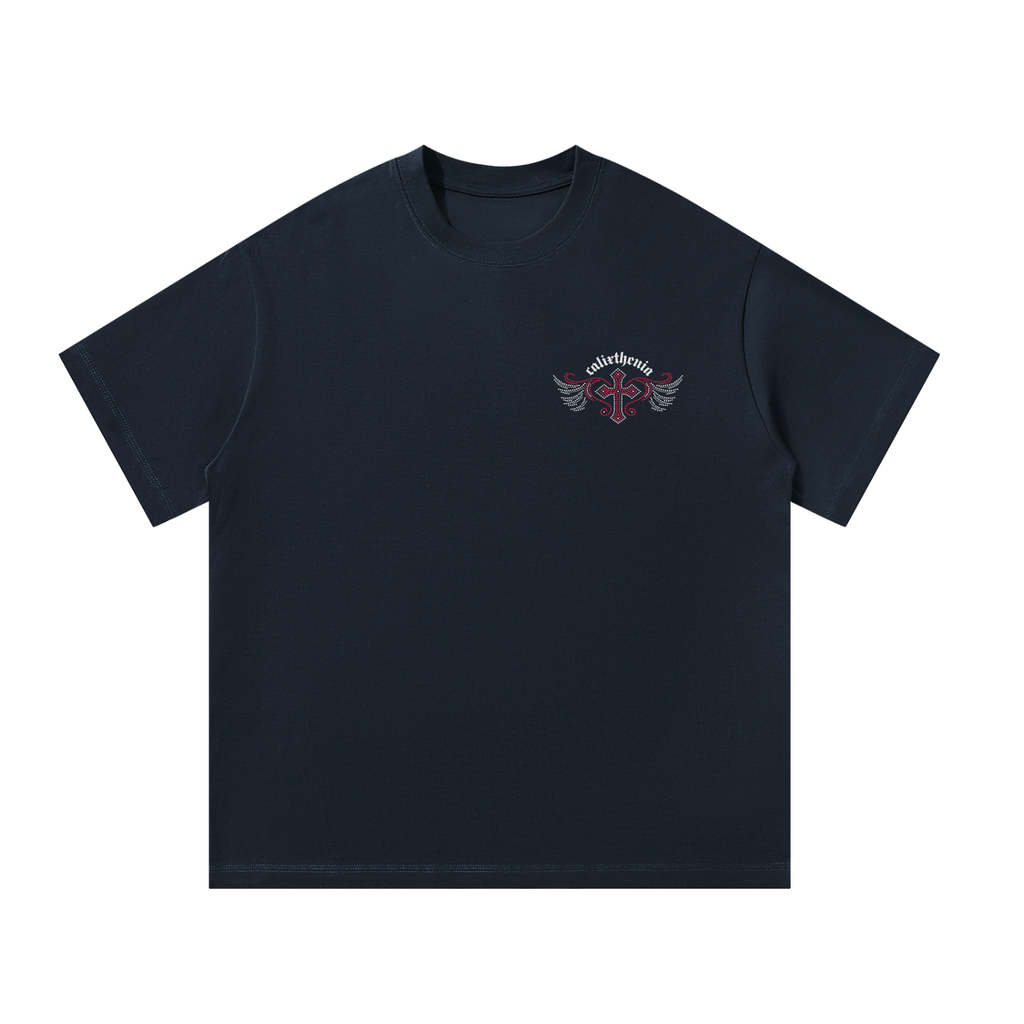 Relic Tee – Black calisthenics graphic t-shirt with gothic Calixthenia emblem, street workout wear