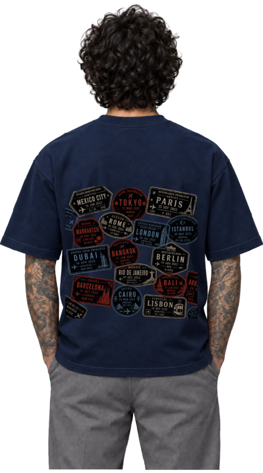 Calixthenia TRANSIT USA navy blue oversized tee, passport stamps back print