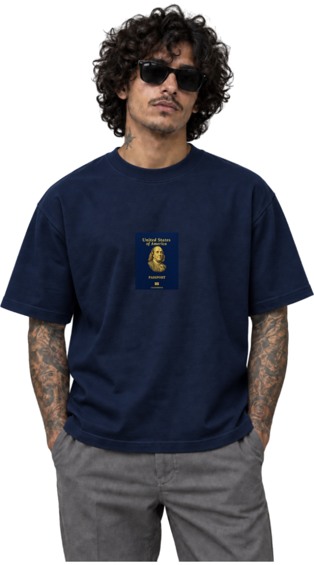 Calixthenia TRANSIT USA navy blue oversized tee, passport chest print