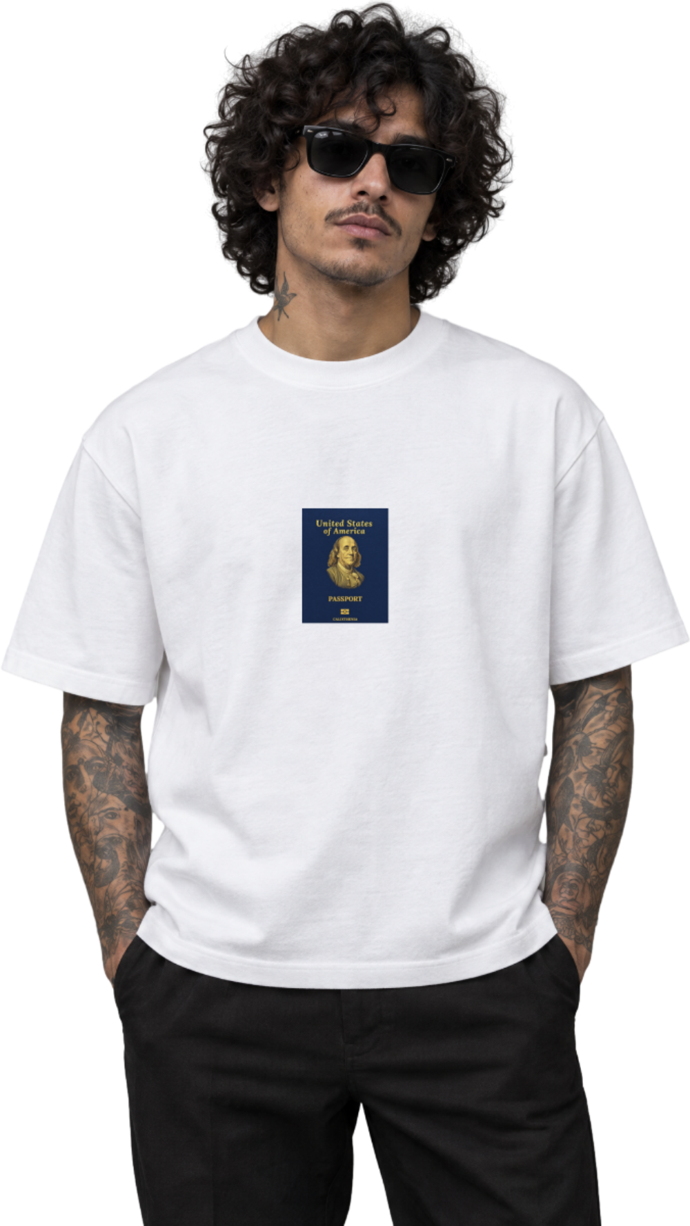 Calixthenia TRANSIT USA white oversized tee, passport chest print