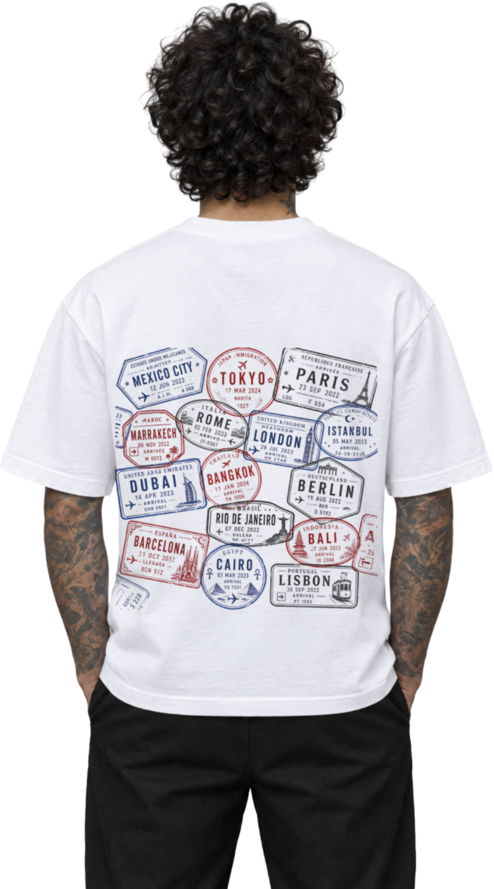 Calixthenia TRANSIT USA white oversized tee, passport stamps back print