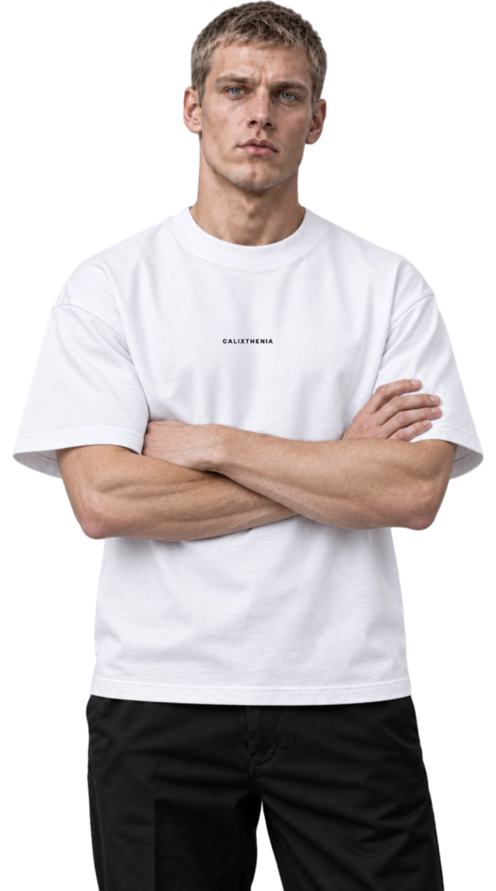 SUNSET DRIVE oversized tee in white, CALIXTHENIA wordmark on the chest