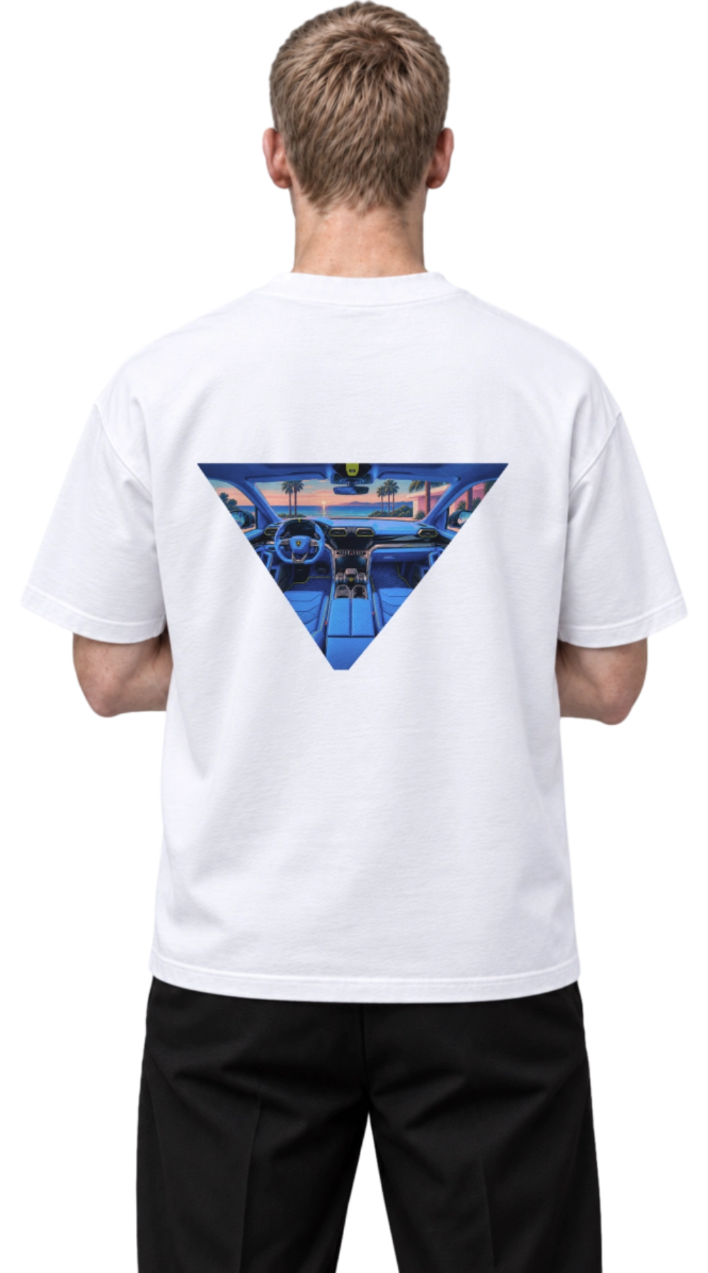 Back print of the SUNSET DRIVE tee — blue car interior and sunset over the sea