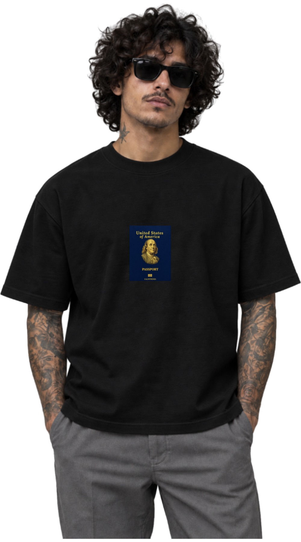 Calixthenia TRANSIT USA black oversized tee, passport chest print