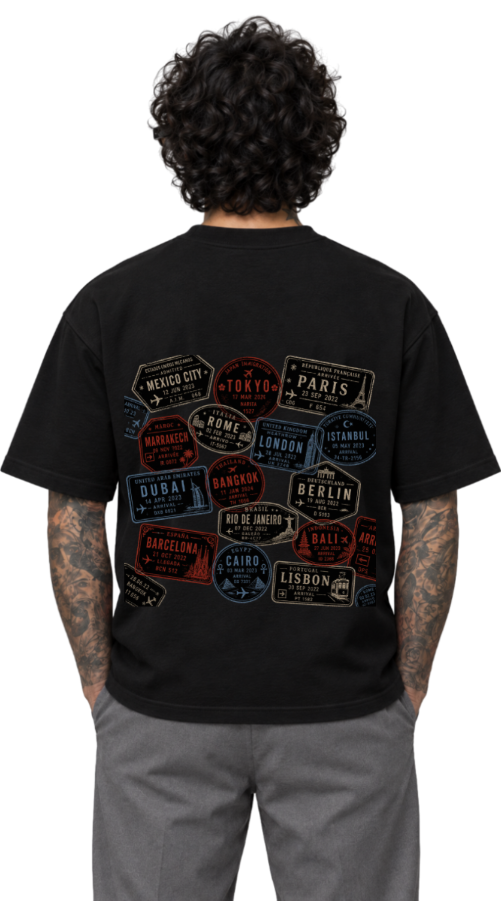 Calixthenia TRANSIT USA black oversized tee, passport stamps back print