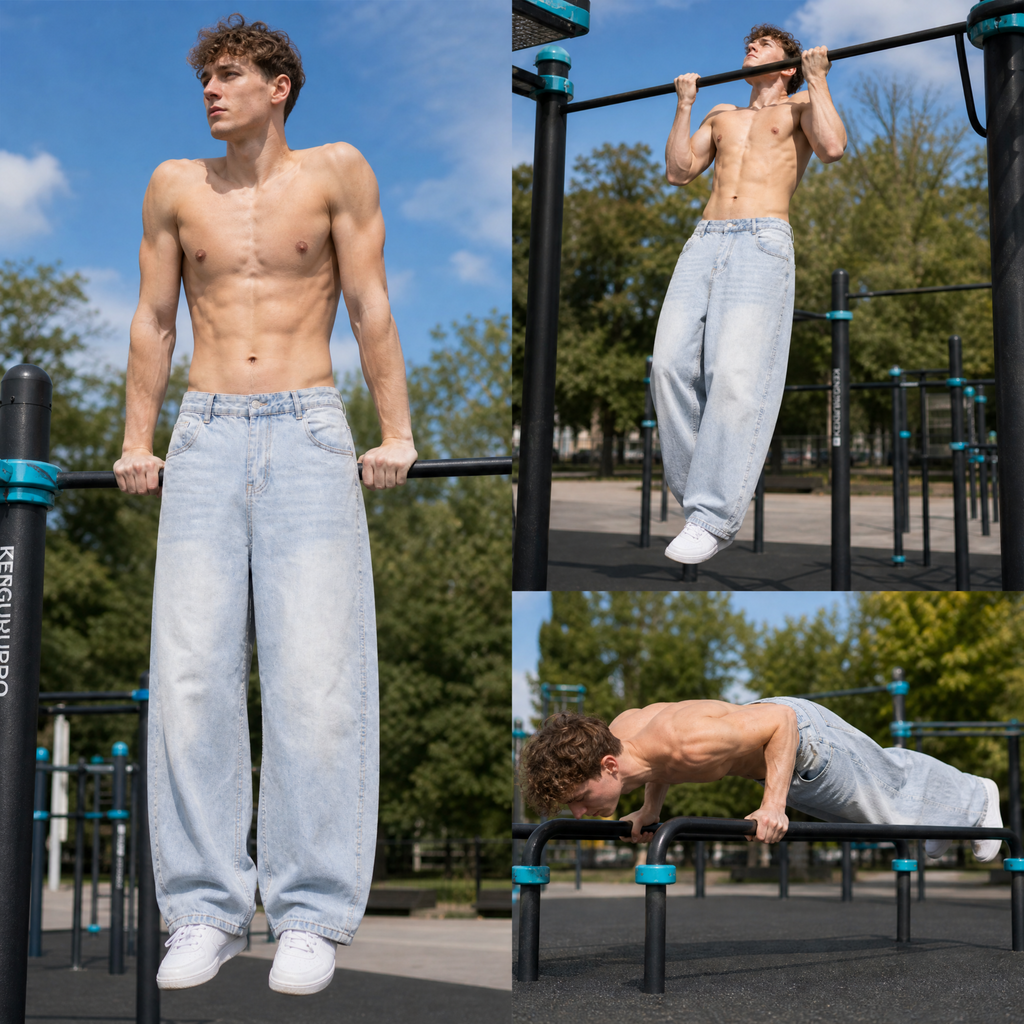 Foundation Denim – Dark wash calisthenics street workout jeans, relaxed fit urban streetwear