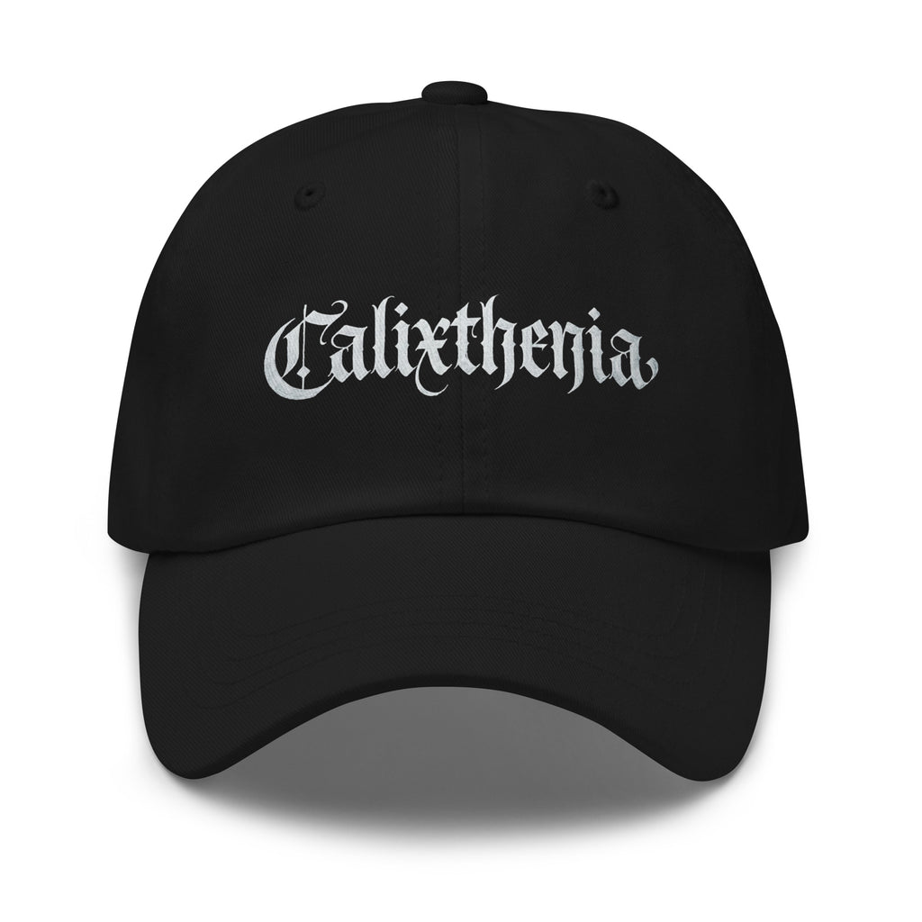 Signal Cap black front – Black calisthenics dad hat with Calixthenia gothic embroidery, street workout accessory