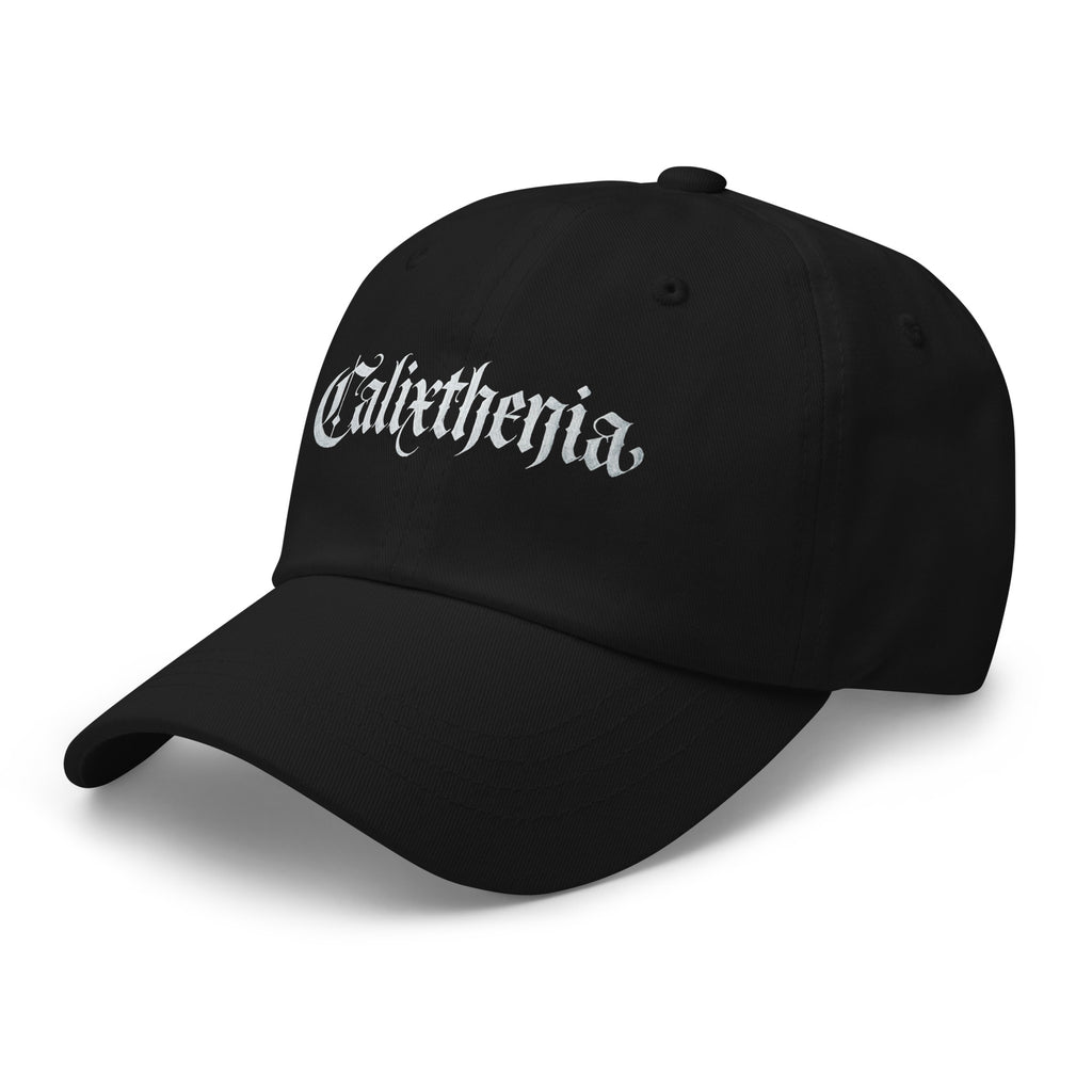 Signal Cap black side – Black calisthenics dad hat side view with Calixthenia embroidery, street workout accessory