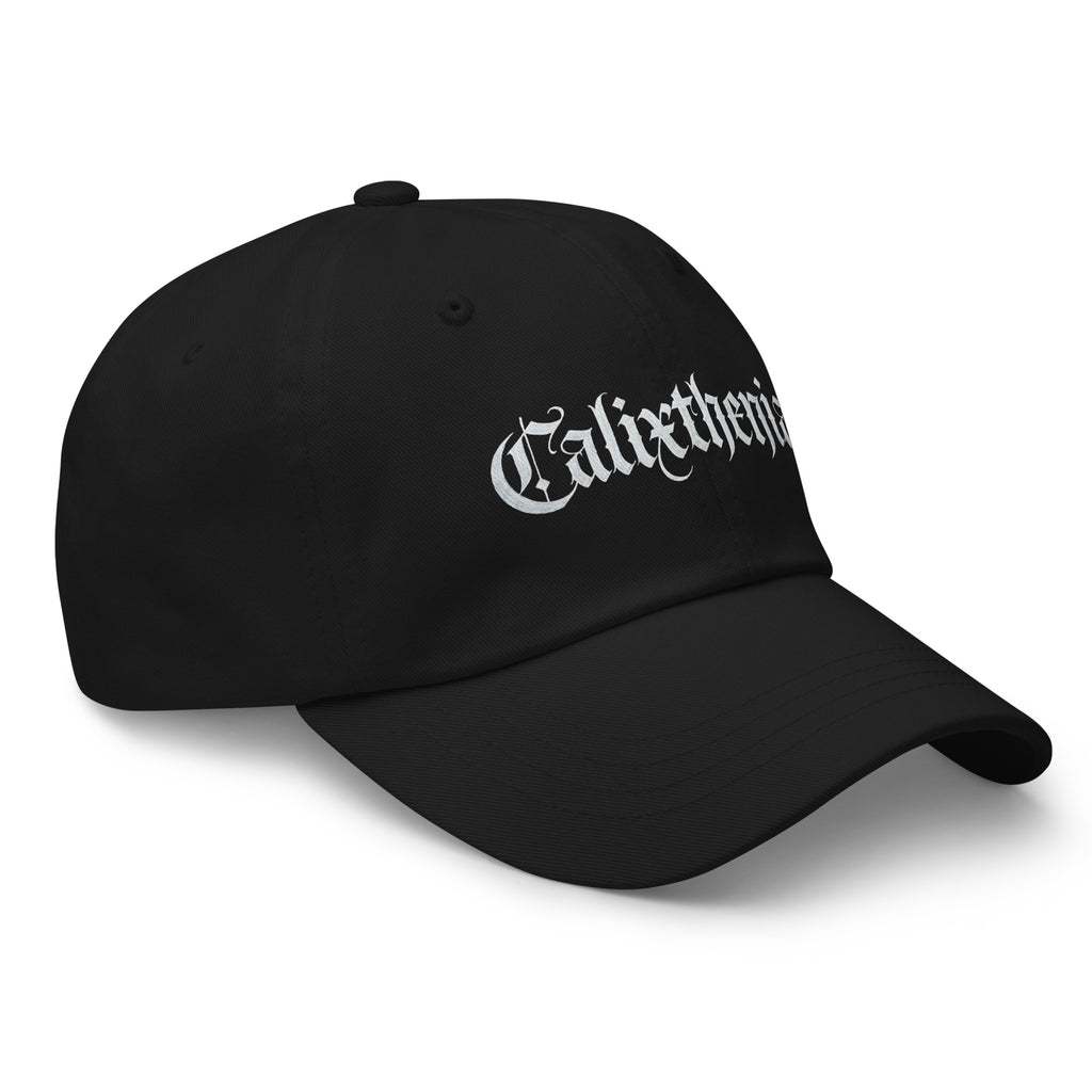 Signal Cap black angled – Black calisthenics dad hat angled front view with Calixthenia embroidery, street workout cap