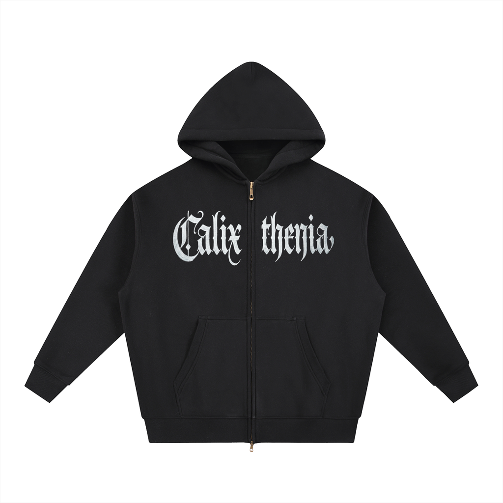 The Discipline Hoodie – Black zip-up calisthenics hoodie with gothic Calixthenia front lettering, street workout wear