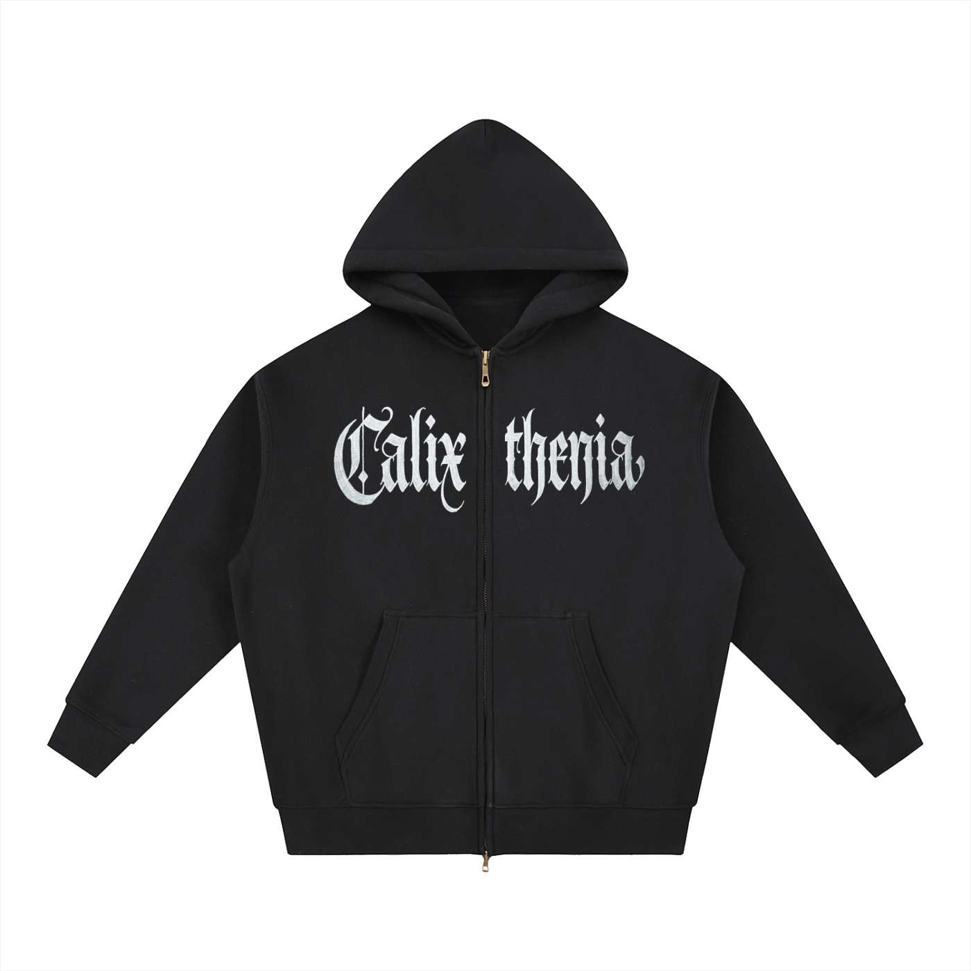 The Discipline Hoodie – Black zip-up calisthenics hoodie with gothic Calixthenia front lettering, street workout wear
